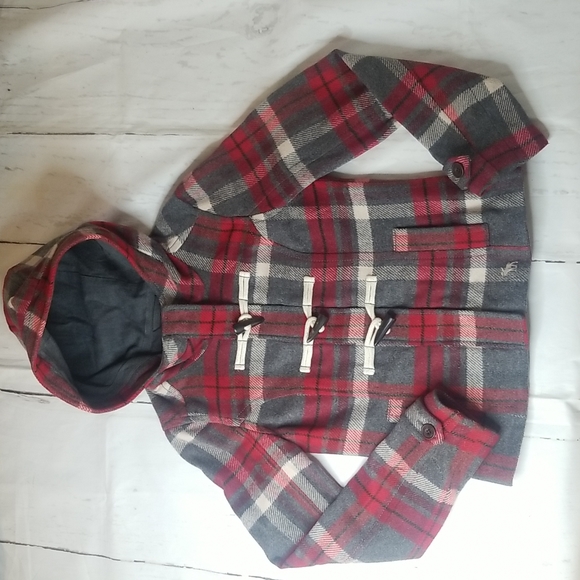 Abercrombie & Fitch Jackets & Blazers - ABERCROMBIE RED GRAY PLAID COAT JACKET GIRLS XL WOOL JACKET HOODED